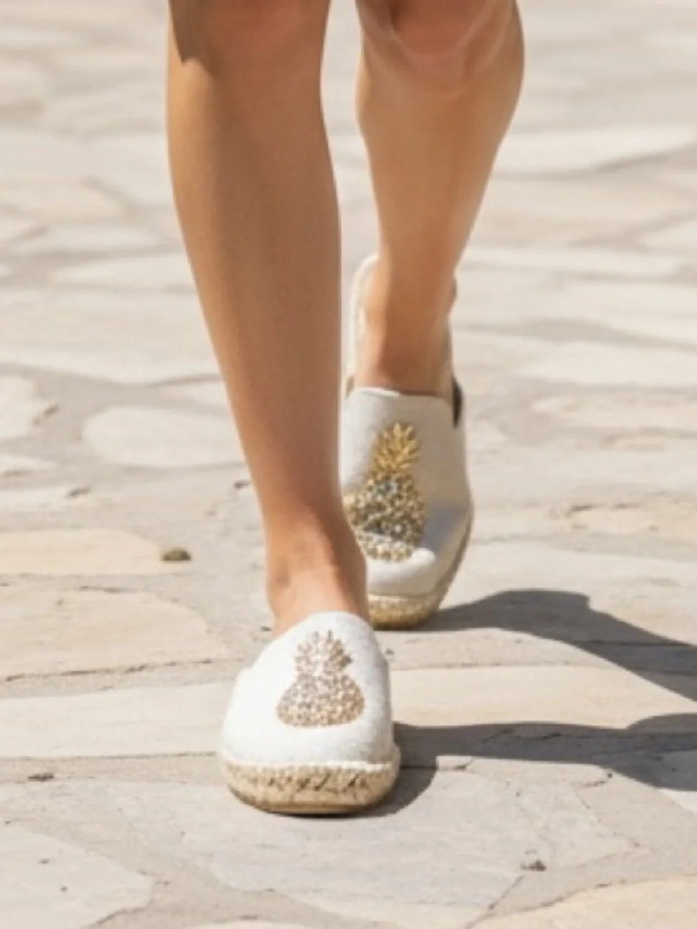 White House Black Market Cream Espadrille Slip-On with Gold Pineapple Accent